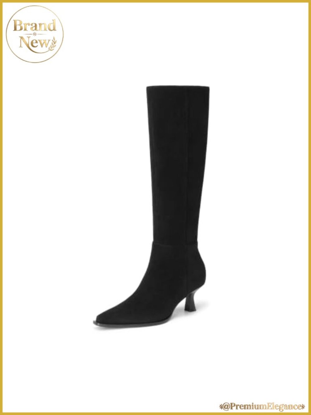 Women's Kitten Heel Knee-High Boots Faux Suede Pointed Toe Zip Up